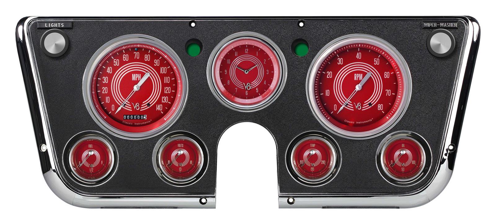 Classic Instruments 1967-72 Chevy Truck Package Gauge Sets CT67V8RS Kits, Truck, Analog, Speedometer, Tach, Fuel Level, Oil Pres., Volts, Water Temp., Clock, Red Face, Silver Numbers, Chevy, GMC, Kit