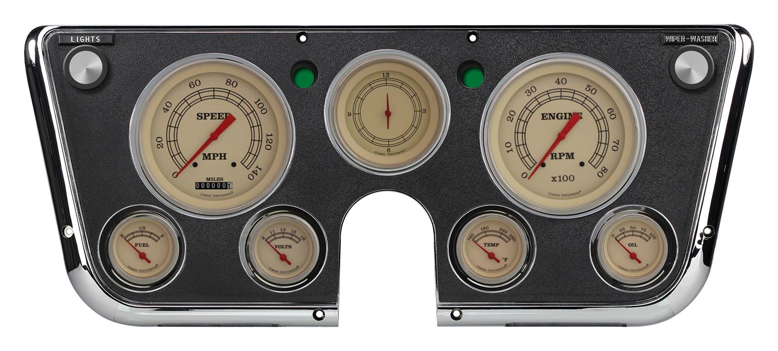 Classic Instruments 1967-72 Chevy Truck Package Gauge Sets CT67VT Gauges, Vintage Style, Speedometer, Tach, Water Temperature, Fuel Level, Clock, Tan Face, Analog, Chevy, Set