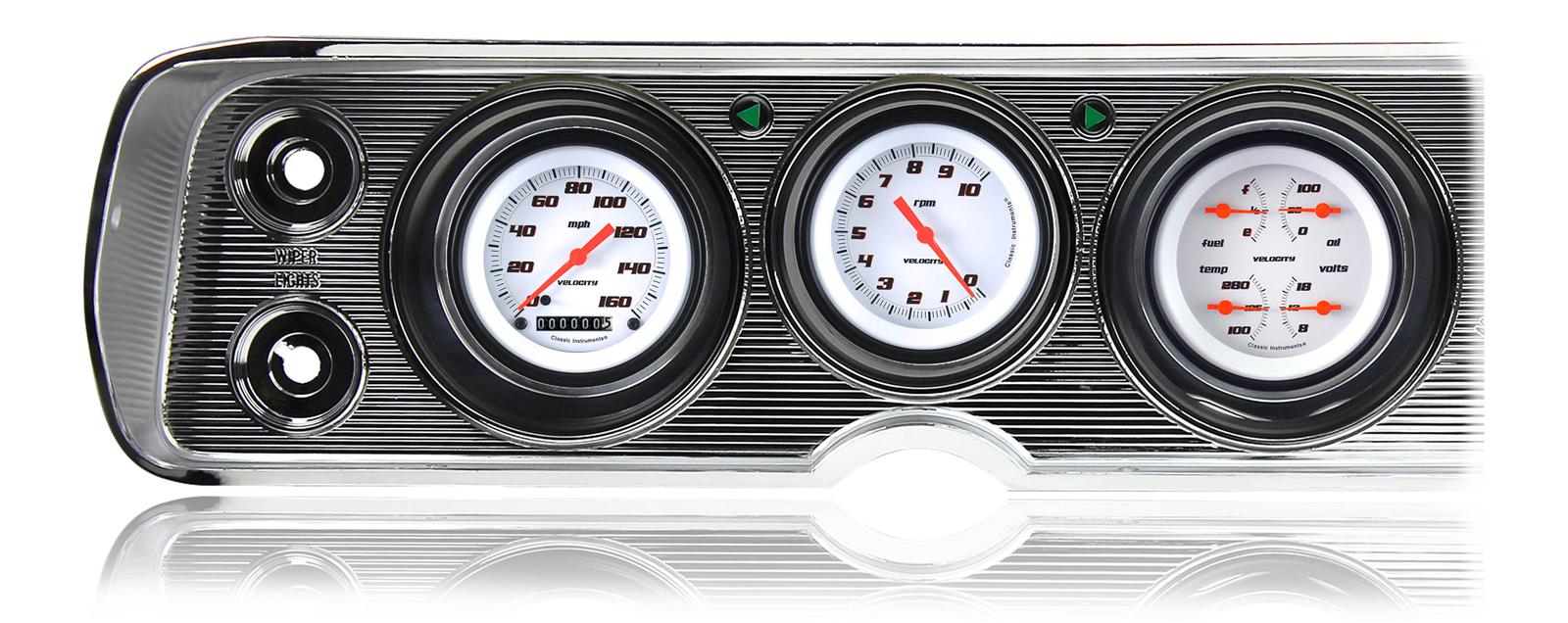 Classic Instruments 1964-65 Chevelle Package Gauge Sets CV64VSW Gauges, Velocity Style, Speedometer, Tach, Water Temperature, Fuel Level, White Face, Analog, Chevy, Kit
