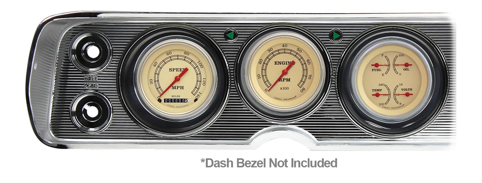 Classic Instruments 1964-65 Chevelle Package Gauge Sets CV64VT Gauges, Vintage Style, Speedometer, Tach, Water Temperature, Fuel Level, Tan Face, Analog, Chevy, Kit