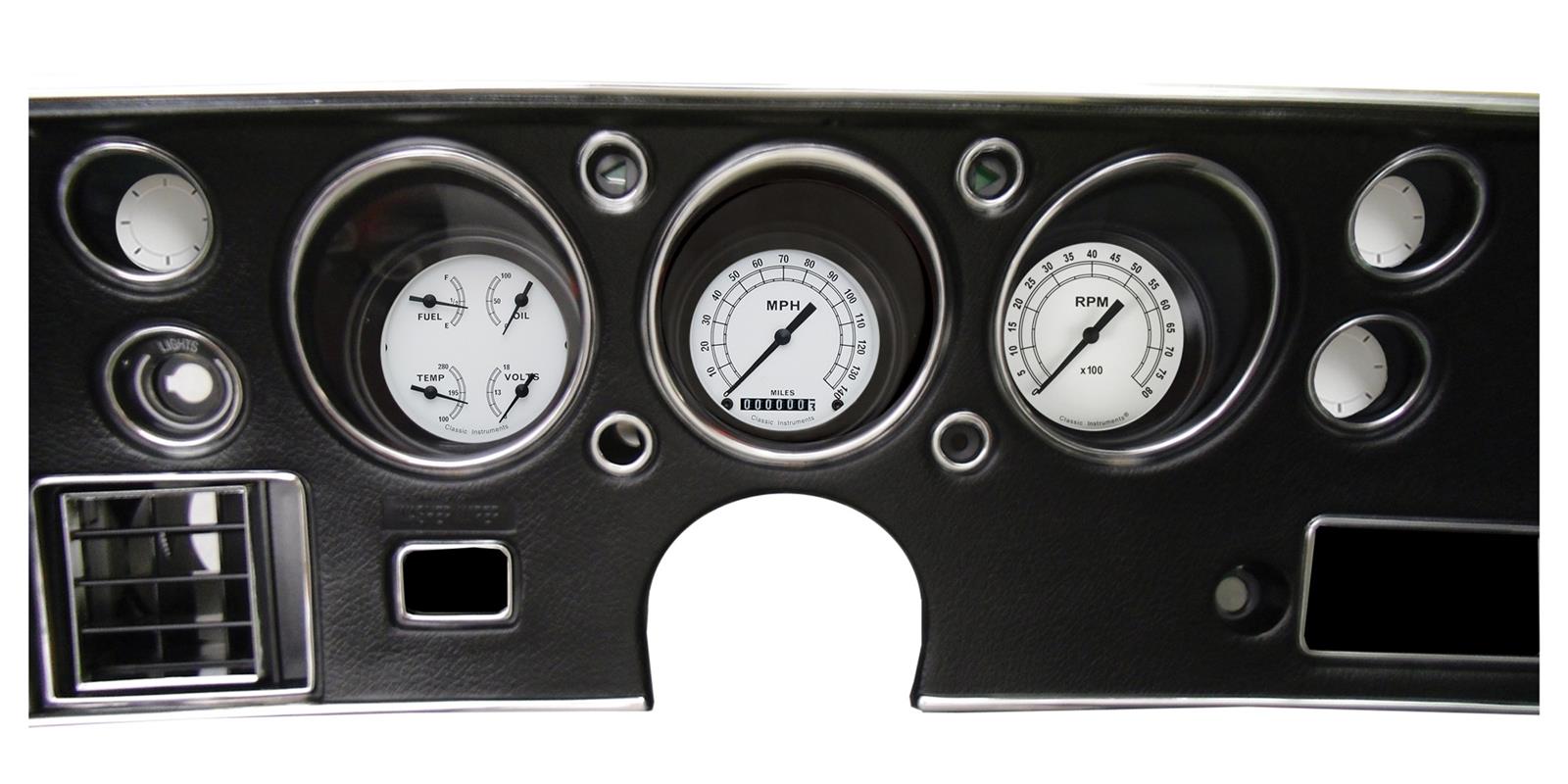 Classic Instruments 1970-72 Chevelle Package Gauge Sets CV70CW Gauges, White, Direct Fit, Chevy, Chevelle, SS, 1970-1972, Speedometer, Tachometer, Fuel, Oil Pressure, Water Temperature, Volt, Kit