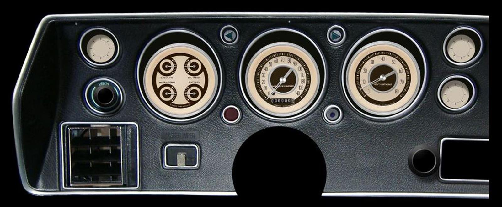 Classic Instruments 1970-72 Chevelle Package Gauge Sets CV70NT Gauges, Nostalgia VT, Direct Fit, Chevy, Chevelle, SS, 1970-1972, Speedometer, Tachometer, Fuel, Oil Pressure, Water Temperature, Volt, Kit