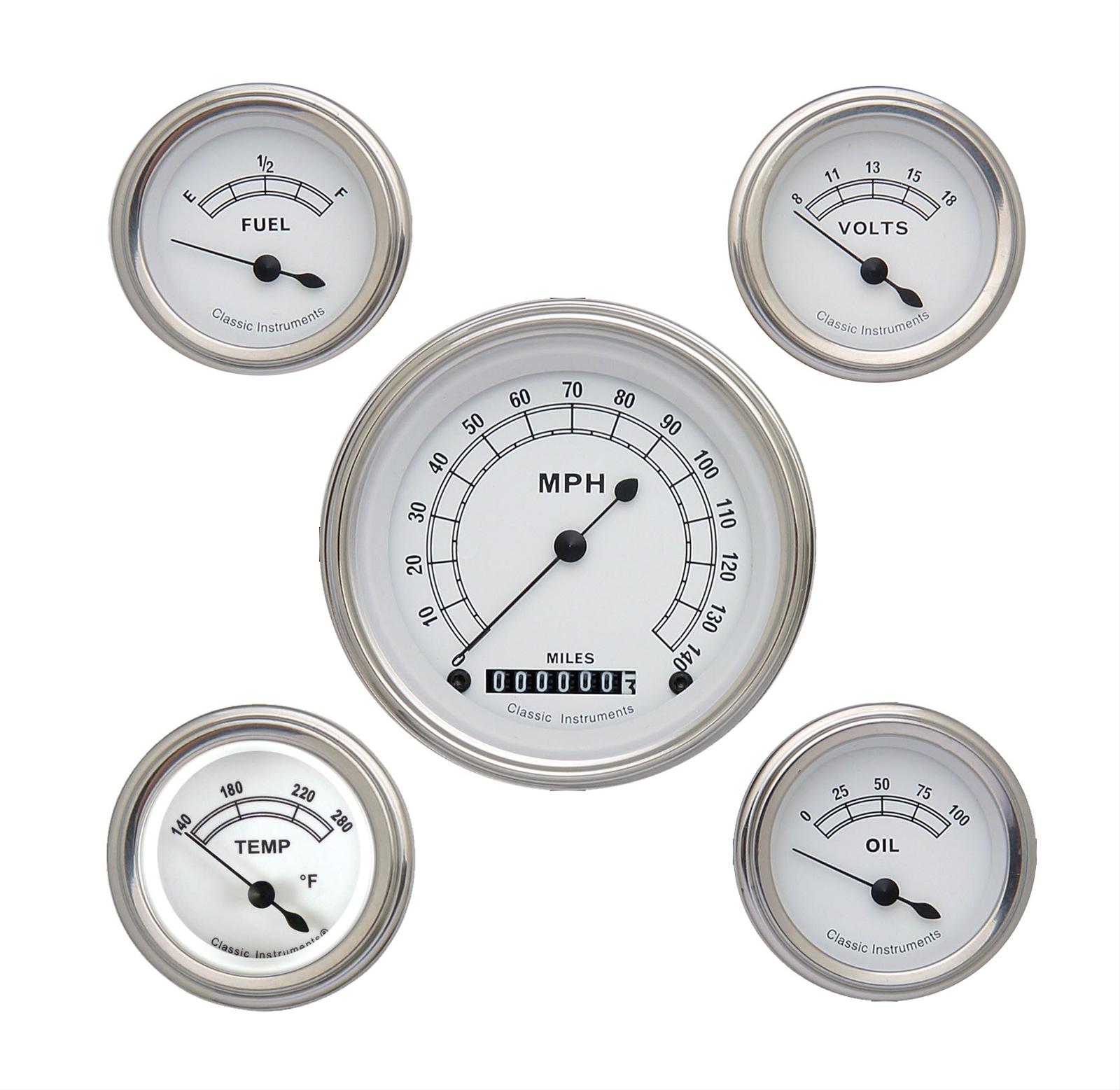Classic Instruments White Series Gauge Sets CW00SLF Set, Series, Analog, Electronic, Face, Black Pointer, Polished Bezel, Flat Lens, Kit