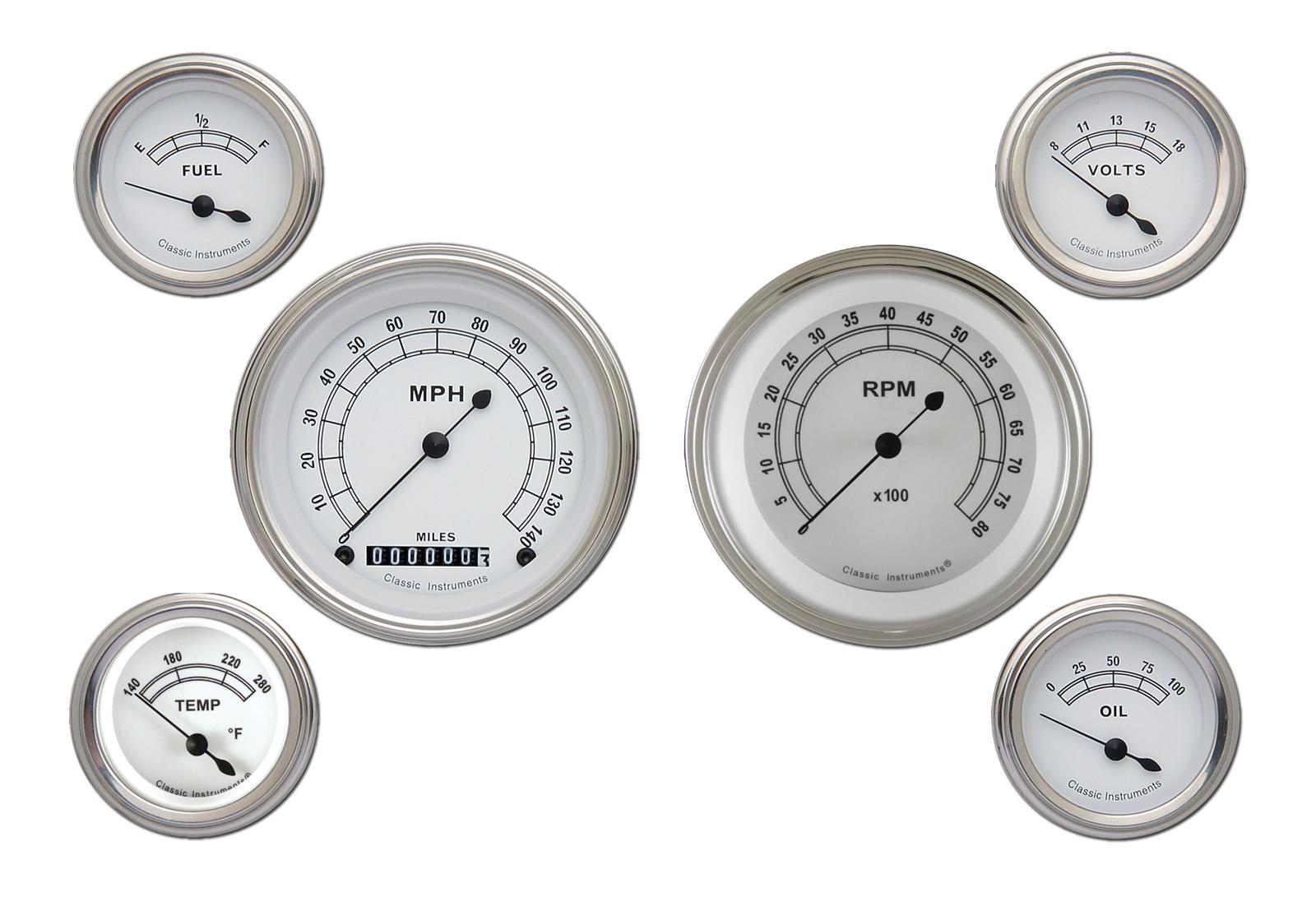 Classic Instruments White Series Gauge Sets CW01SLF Gauges, Series, Speedometer, Tach, Water Temperature, Fuel Level, Face, Analog, Electronic
