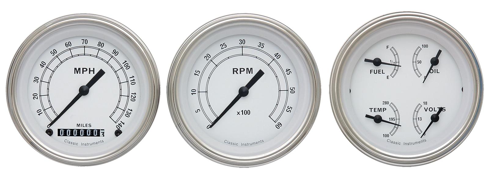 Classic Instruments White Series Gauge Sets CW03SLC Gauges, Series, Speedometer, Tach, Water Temperature, 3 3/8 in., Face, Analog, Set of 3