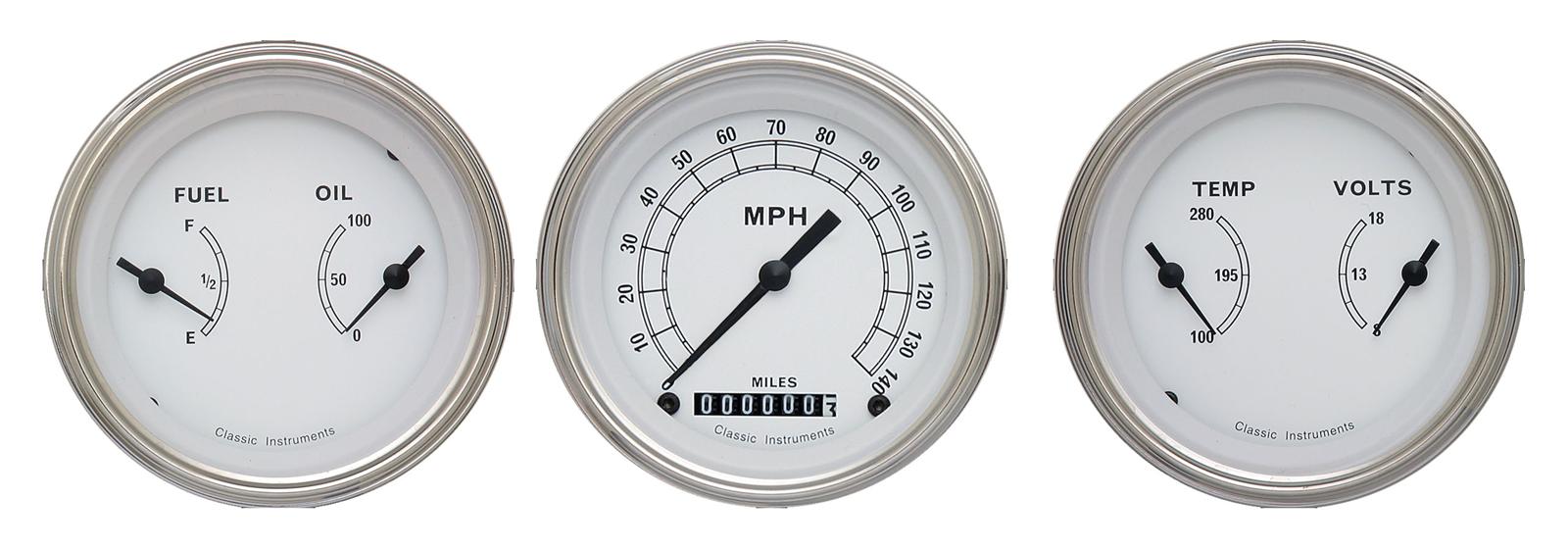 Classic Instruments White Series Gauge Sets CW04SLC Gauges, White, Speedometer, Water Temperature, Oil Pressure, Fuel Level, Face, Analog, Set
