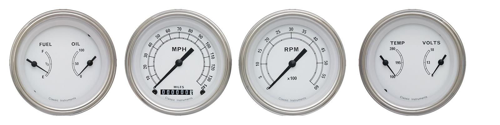 Classic Instruments White Series Gauge Sets CW05SLF Gauges, Series, Speedometer, Tach, Water Temperature, 3 3/8 in., Face, Analog, Set of 4