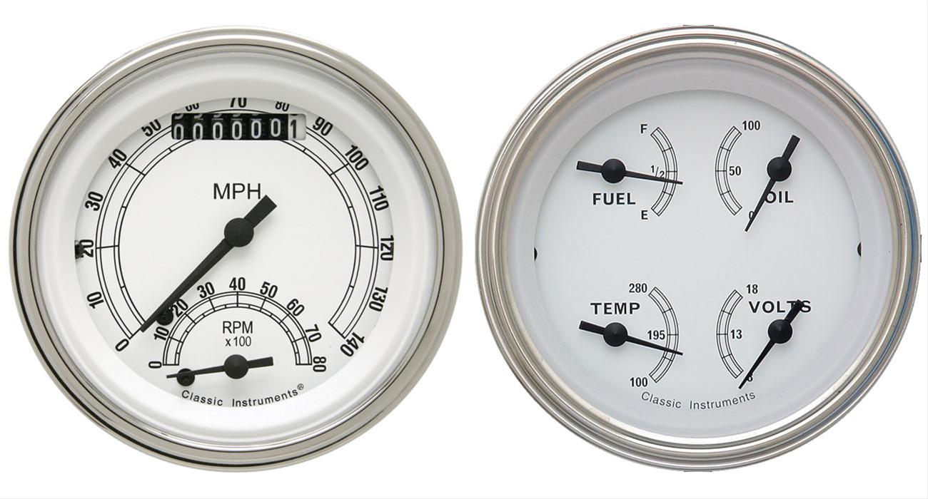Classic Instruments White Series Gauge Sets CW32SLC Gauges, White, Speedometer, Tach, Water Temperature, Fuel Level, 3 3/8 in., Face, Analog, Set