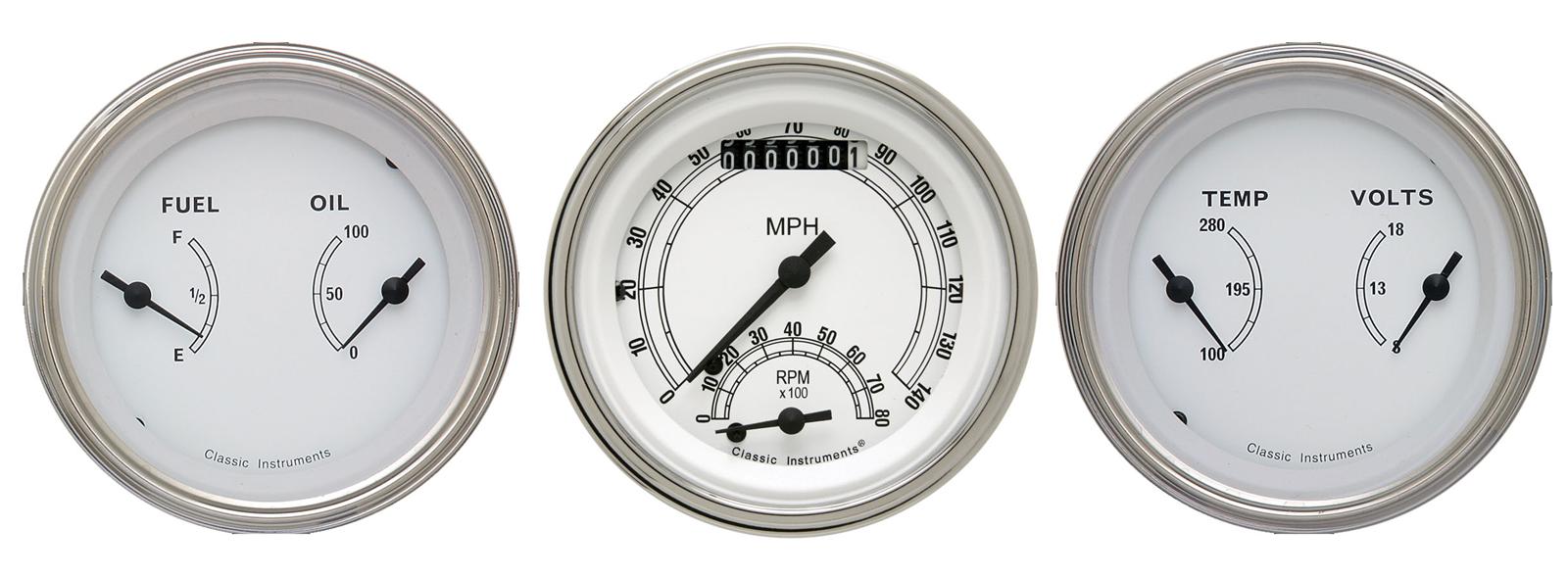 Classic Instruments White Series Gauge Sets CW34SLC Gauges, Series, Speedometer, Tach, Water Temperature, 3 3/8 in., Face, Analog, Set of 3