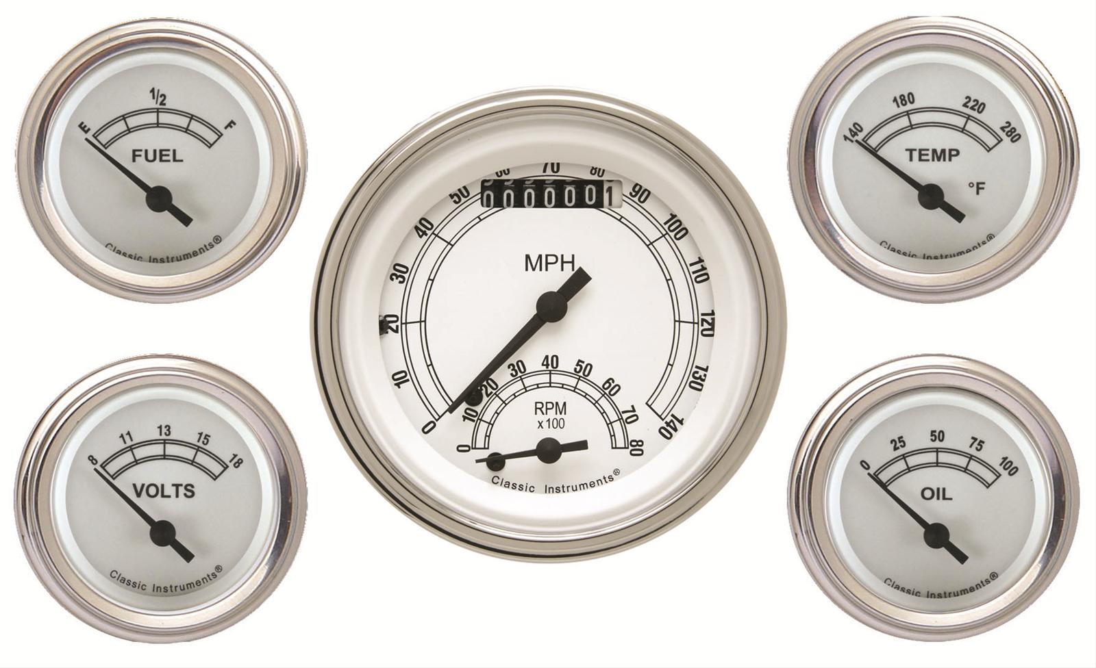 Classic Instruments White Series Gauge Sets CW35SLC Gauges, Series, Speedometer, Tach, Water Temperature, Fuel Level, Face, Analog, Set of 5