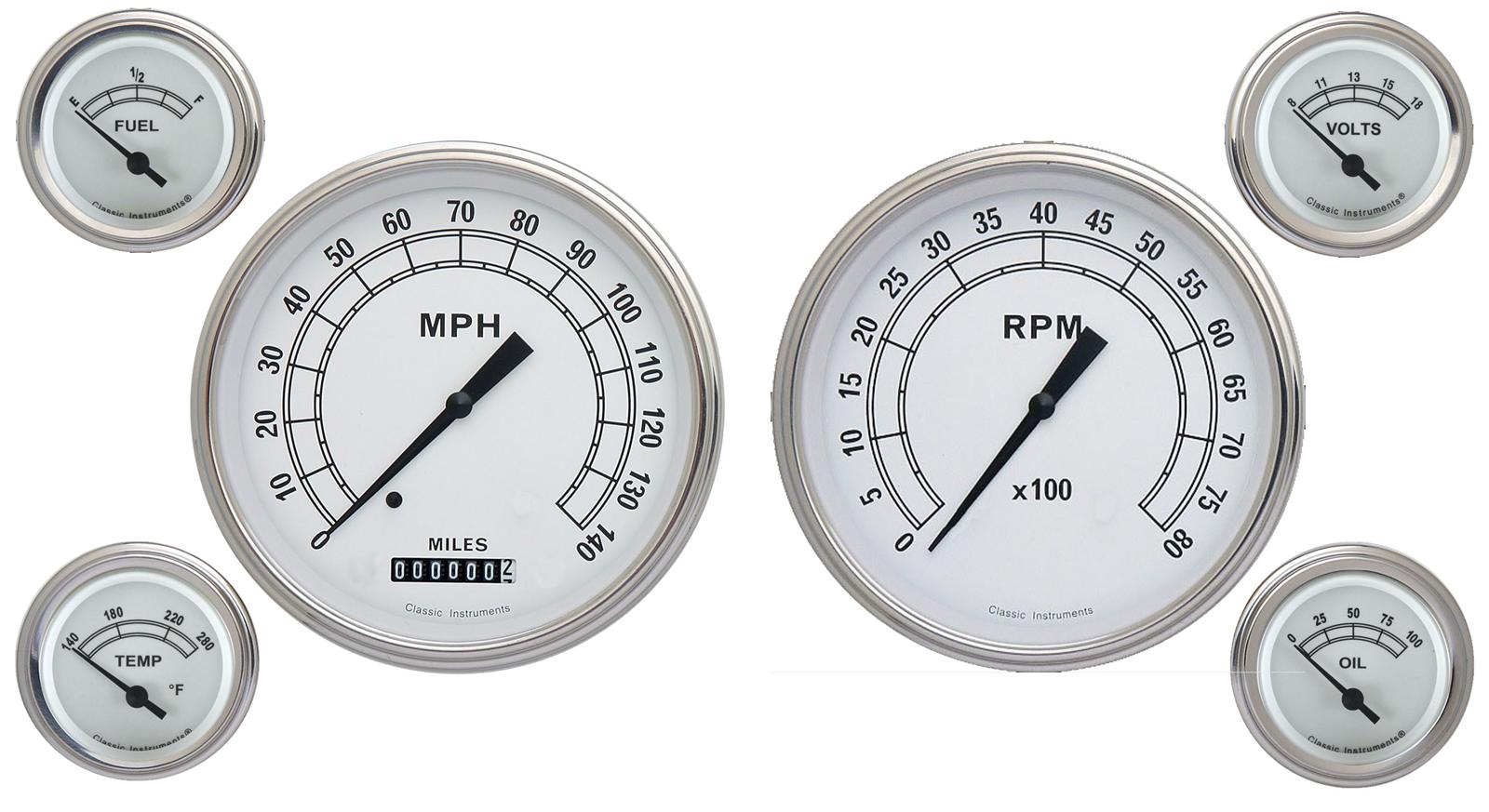 Classic Instruments White Series Gauge Sets CW51SLC Gauges, Series, Speedometer, Tach, Water Temperature, Fuel Level, Face, Analog, Set of 6