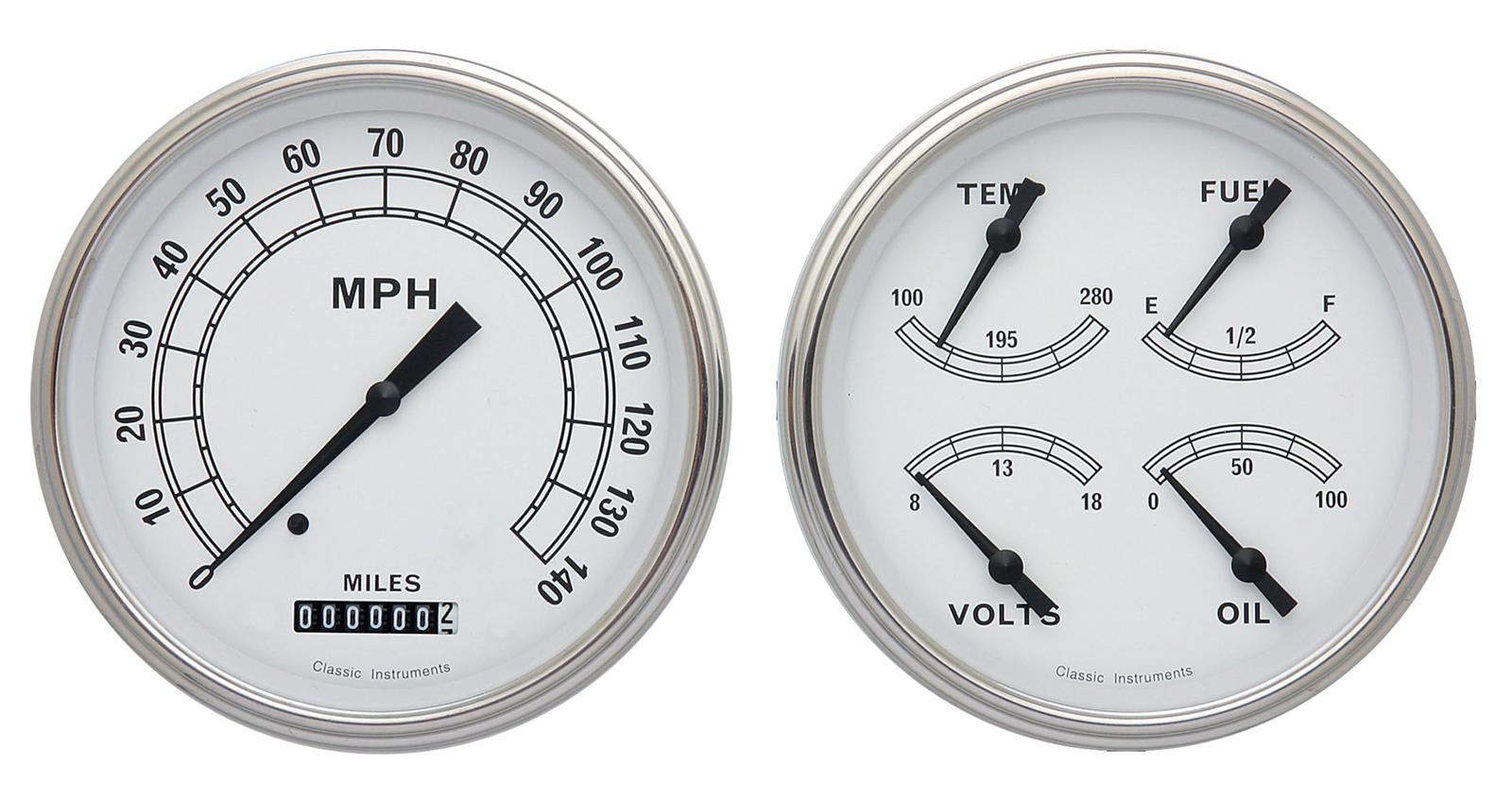 Classic Instruments White Series Gauge Sets CW52SLF Gauges, Series, Speedometer, Water Temperature, Voltmeter, Fuel Level, Face, Analog, Pair