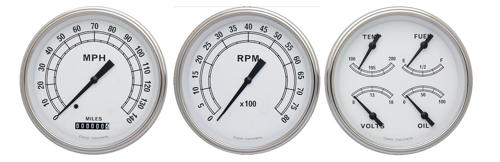 Classic Instruments White Series Gauge Sets CW53SLC Gauges, White, Speedometer, Tach, Water Temperature, Fuel Level, 5 in., Face, Analog, Set of 3