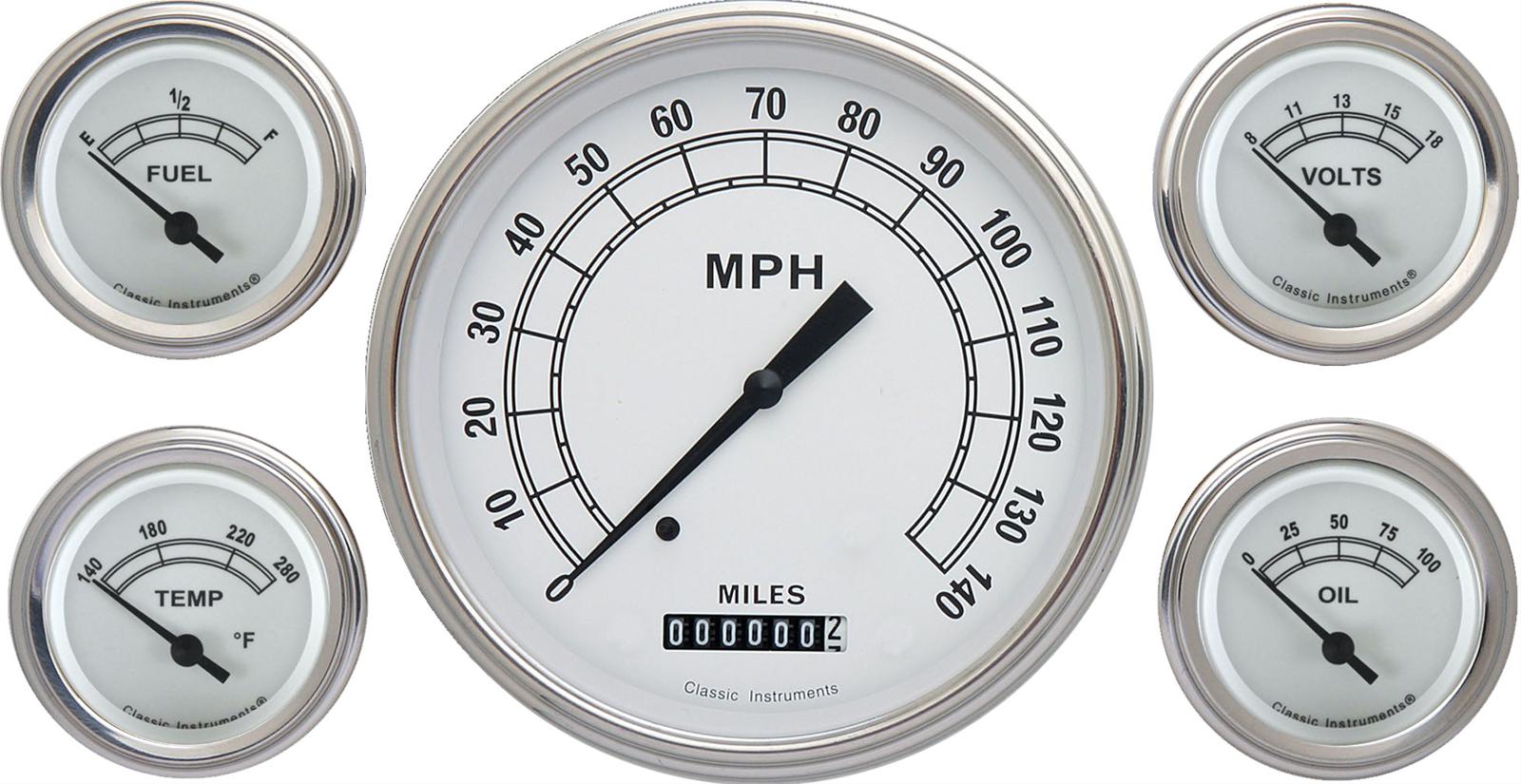 Classic Instruments White Series Gauge Sets CW54SLF Gauges, White, Speedometer, Water Temperature, Oil Pressure, Fuel Level, Face, Analog, Set of 5