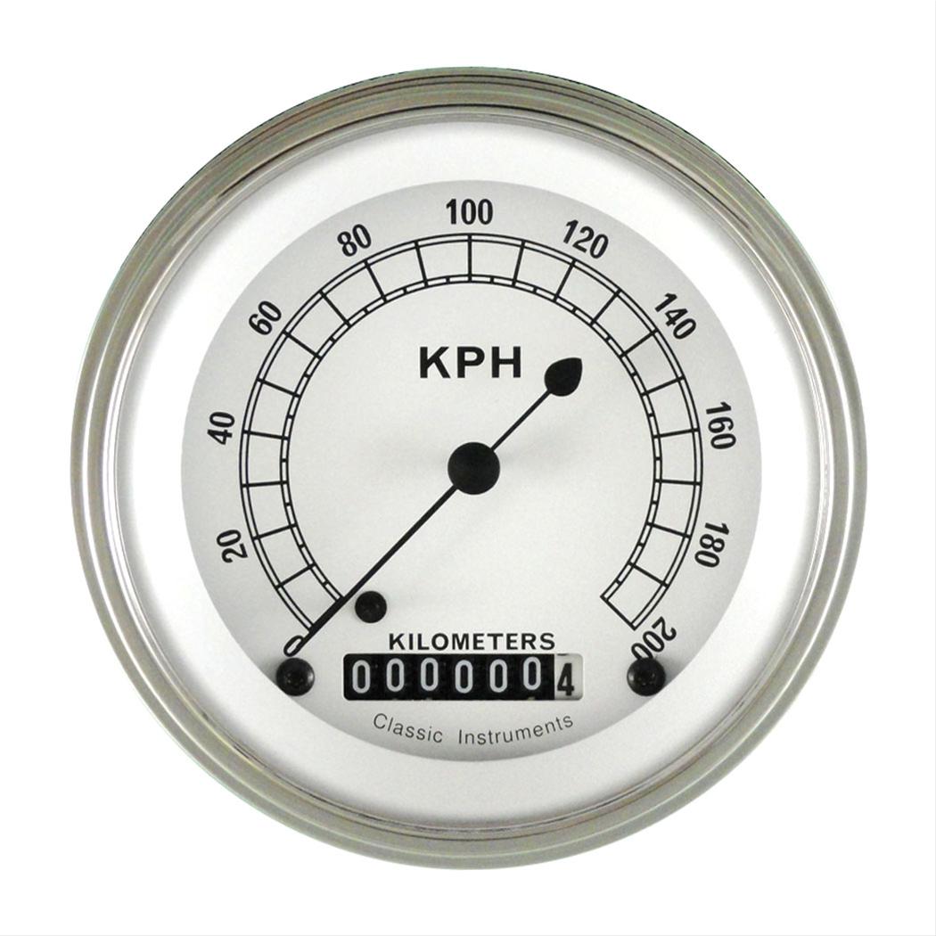Classic Instruments White Series Speedometers CW59SLF Speedometer, White, 3 3/8 in. Diameter, 0-200 kph, Analog, Electrical, Flat Face, Each