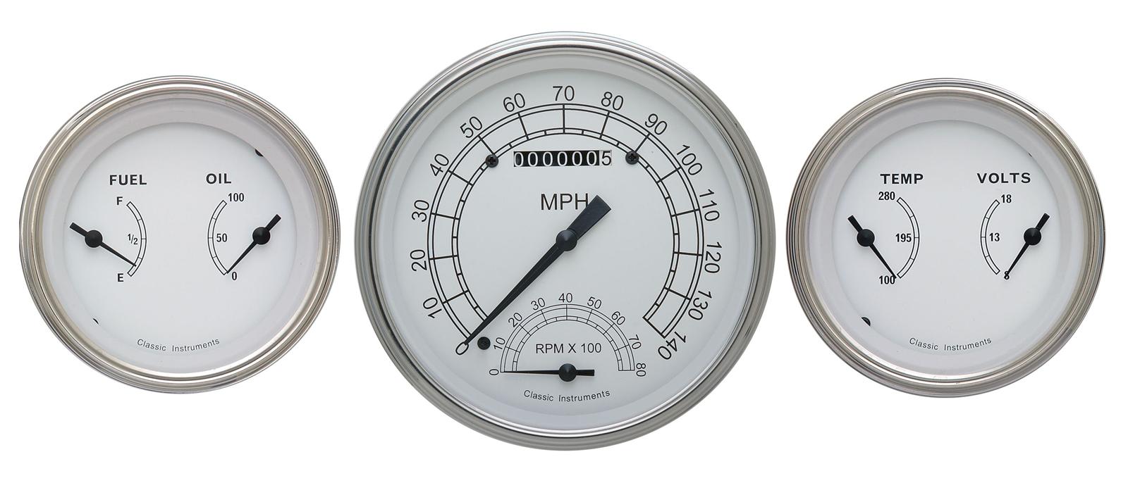 Classic Instruments White Series Gauge Sets CW61SLF Gauges, Series, Speedometer, Tach, Water Temperature, Fuel Level, Face, Analog, Set of 3