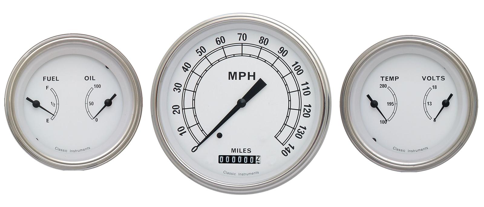 Classic Instruments White Series Gauge Sets CW64SLC Gauges, White, Speedometer, Water Temperature, Fuel Level, Voltmeter, Face, Analog, Set of 3