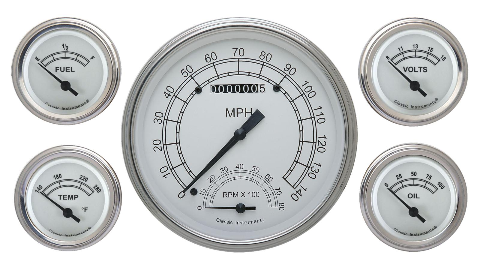 Classic Instruments White Series Gauge Sets CW65SLC Gauges, Series, Speedometer, Tach, Water Temperature, Fuel Level, Face, Analog, Set of 6