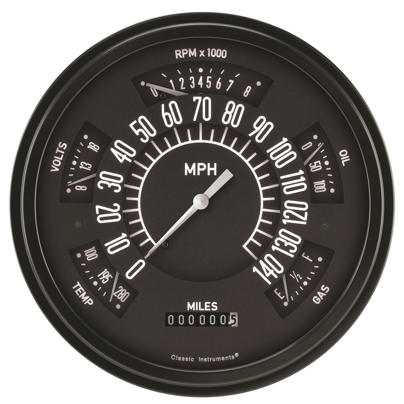 Classic Instruments 1966-77 Ford Bronco Package Gauge Sets FB66B Kits, Gauges, Analog, Speedometer, Tach, Fuel Level, Oil Pressure, Volts, Water Temp., Black Face, White Numbers, Ford, Kit