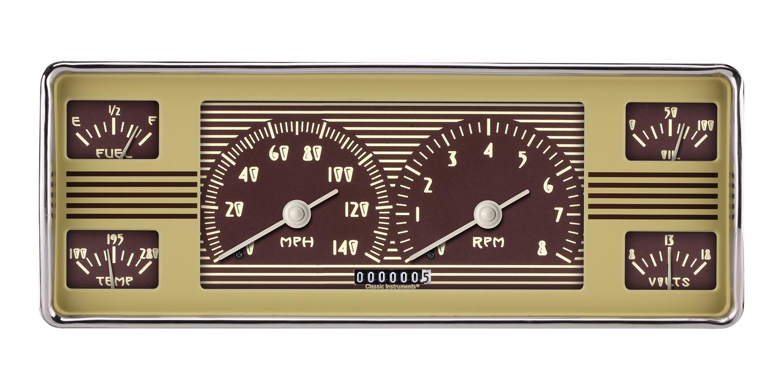 Classic Instruments 1940 Ford Package Gauge Sets FC40OE Gauges, Original, Speedometer, Tachometer, Water, Volt, Fuel, Oil, Yellow Face, Polished Bezel, Ford, Kit