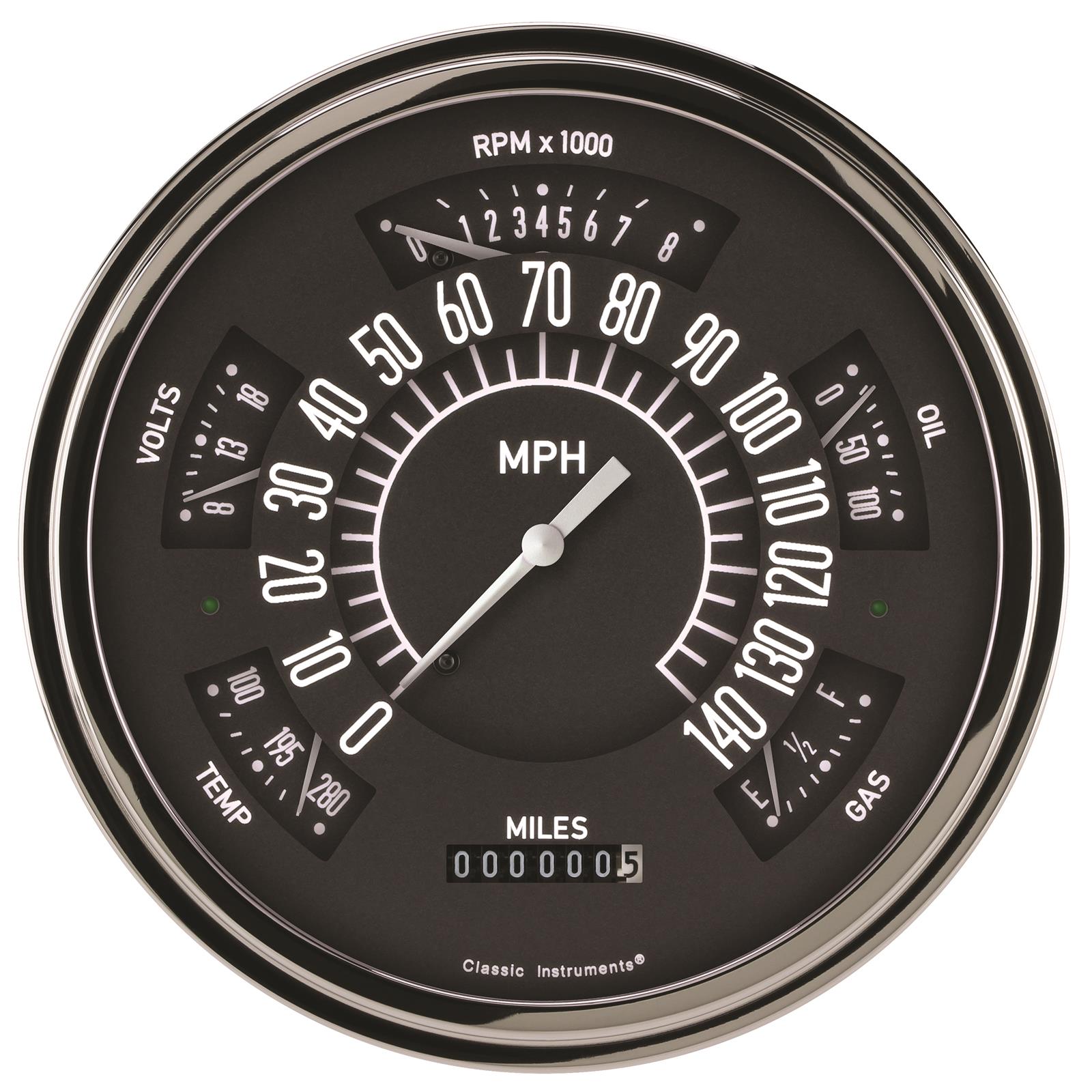 Classic Instruments 49-50 Shoebox Packages FC49B Gauge Kits, Packages, Analog, Speedometer, Tach, Fuel Level, Oil Pressure, Volts, Water Temp., Black Face, White Numbers, Ford, Kit