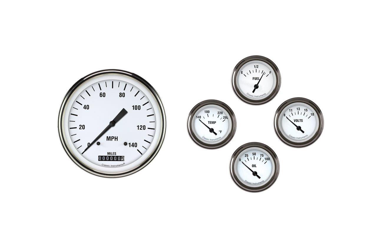 Classic Instruments 1957-60 Ford Truck White Hot Gauge Sets FT57WH54 Gauges, Series, Speedometer, Fuel Level, Oil Pressure, Voltmeter, Water Temperature, Short-Sweep, Ford, Truck, Set of 5