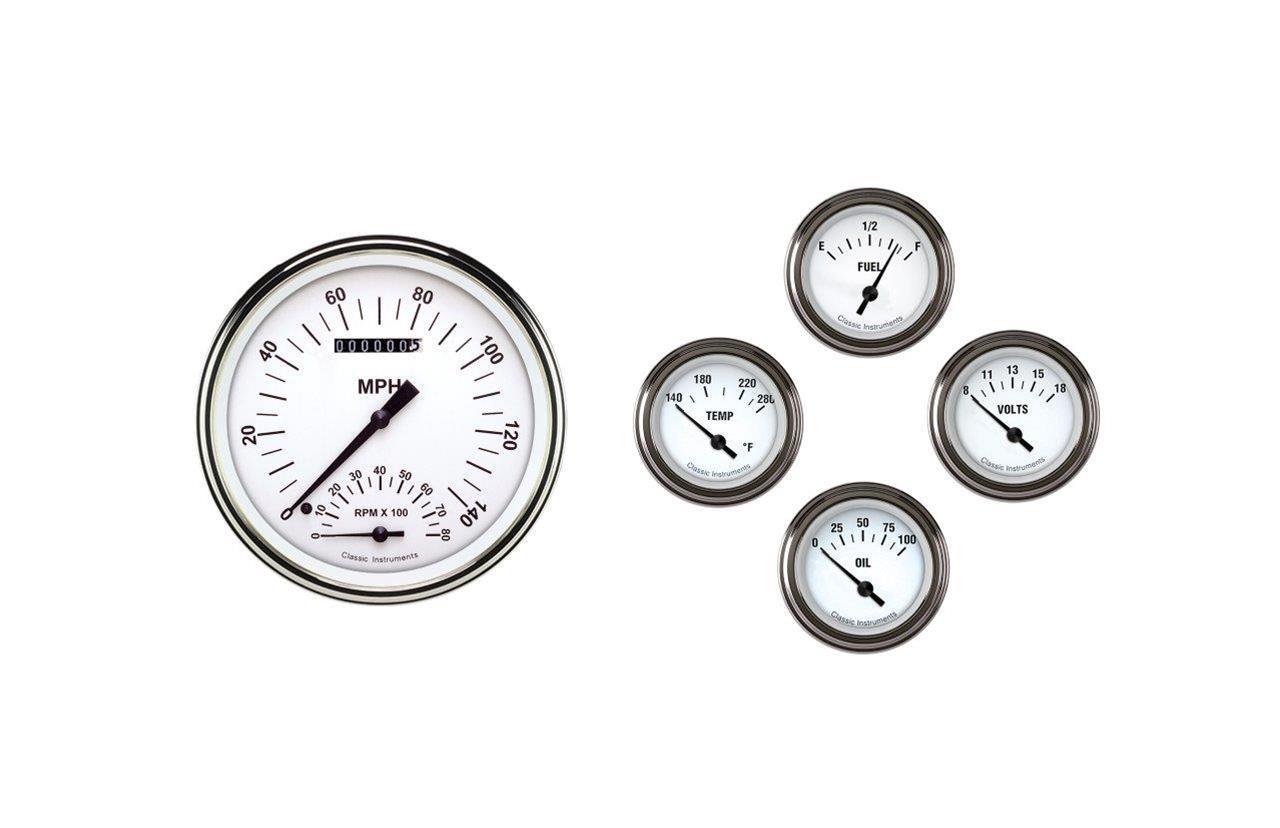 Classic Instruments 1957-60 Ford Truck White Hot Gauge Sets FT57WH65 Gauges, Series, Speedtachular, Fuel Level, Oil Pressure, Voltmeter, Water Temperature, Short-Sweep, Ford, Truck, Set of 5
