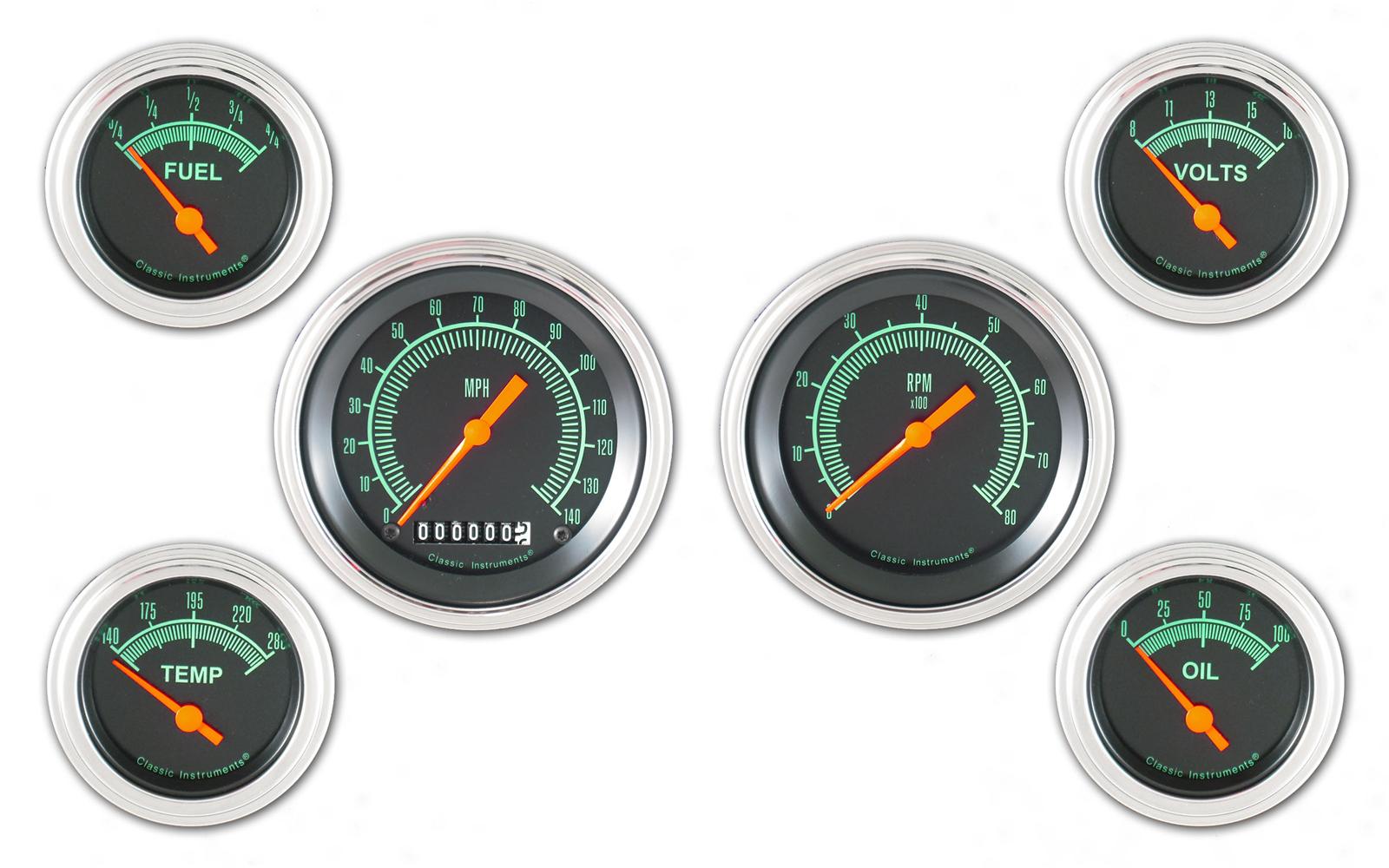 Classic Instruments G-Stock Series Gauge Sets GS01SLC Gauges, G-Stock, Black Face, Green Numbers, Polished Bezel, Analog, Electronic, Set of 6