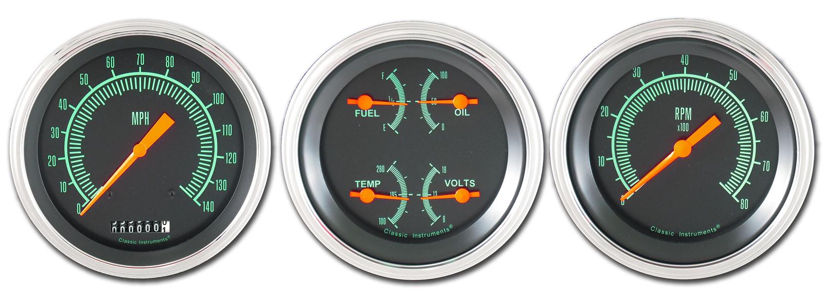 Classic Instruments G-Stock Series Gauge Sets GS03SLF Gauges, Series, Speedometer, Tach, Water Temperature, Fuel Level, Black Face, Analog, Set of 3