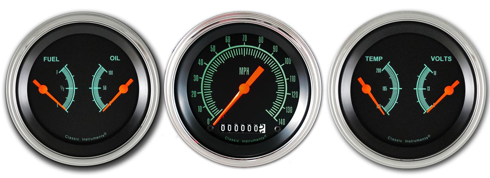 Classic Instruments G-Stock Series Gauge Sets GS04SLC Gauges, G-Stock, Black Face, Green Numbers, Polished Bezel, Analog, Electronic, Set of 3