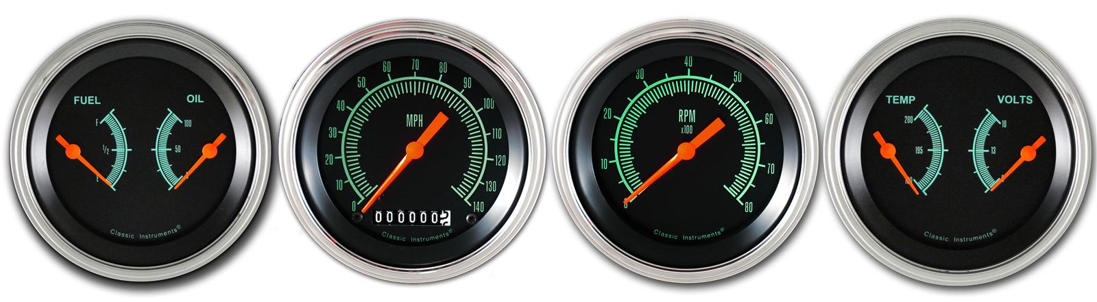 Classic Instruments G-Stock Series Gauge Sets GS05SLF Set, Series, Analog, Electronic, Black Face, Red Pointer, Polished Bezel, Flat Lens, Kit