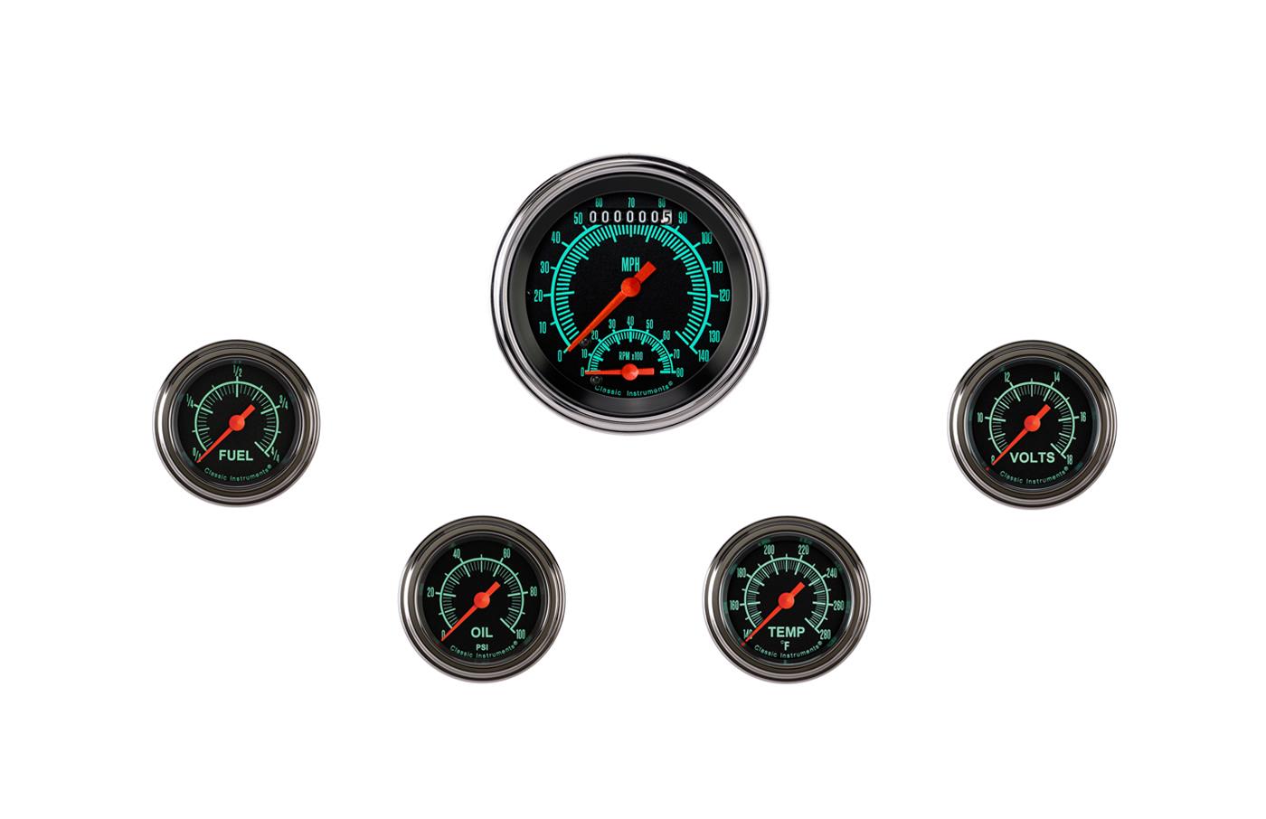 Classic Instruments G-Stock Series Gauge Sets GS135SLF Set, G/Stock, 3 3/8 in. Ultimate, 2 1/8 in. Fuel, Oil, Temp, Volts, Set of 6
