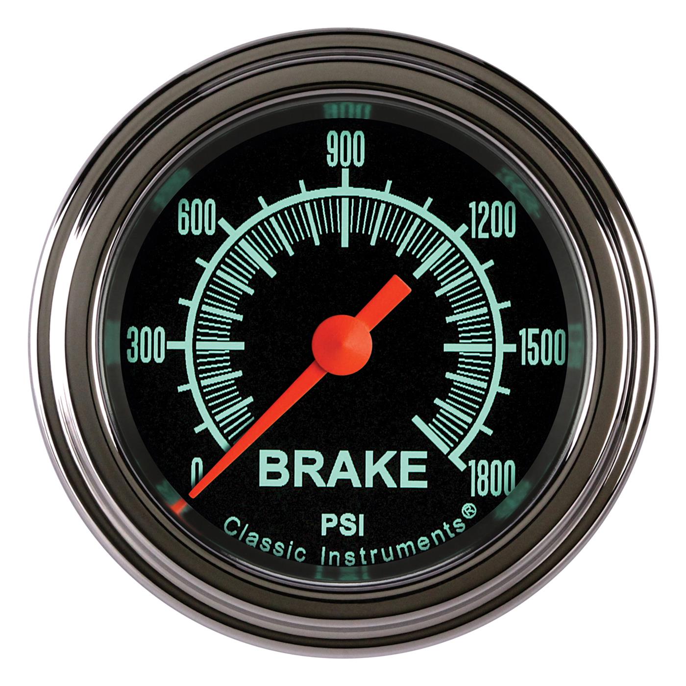 Classic Instruments G-Stock Series Gauges GS167SLF Gauges, Series, Brake Pressure, 0-1,800 psi, Analog, Electrical, 2 1/8 in., Black Face, Green Numbers, Stainless Steel Color Bezel, Each