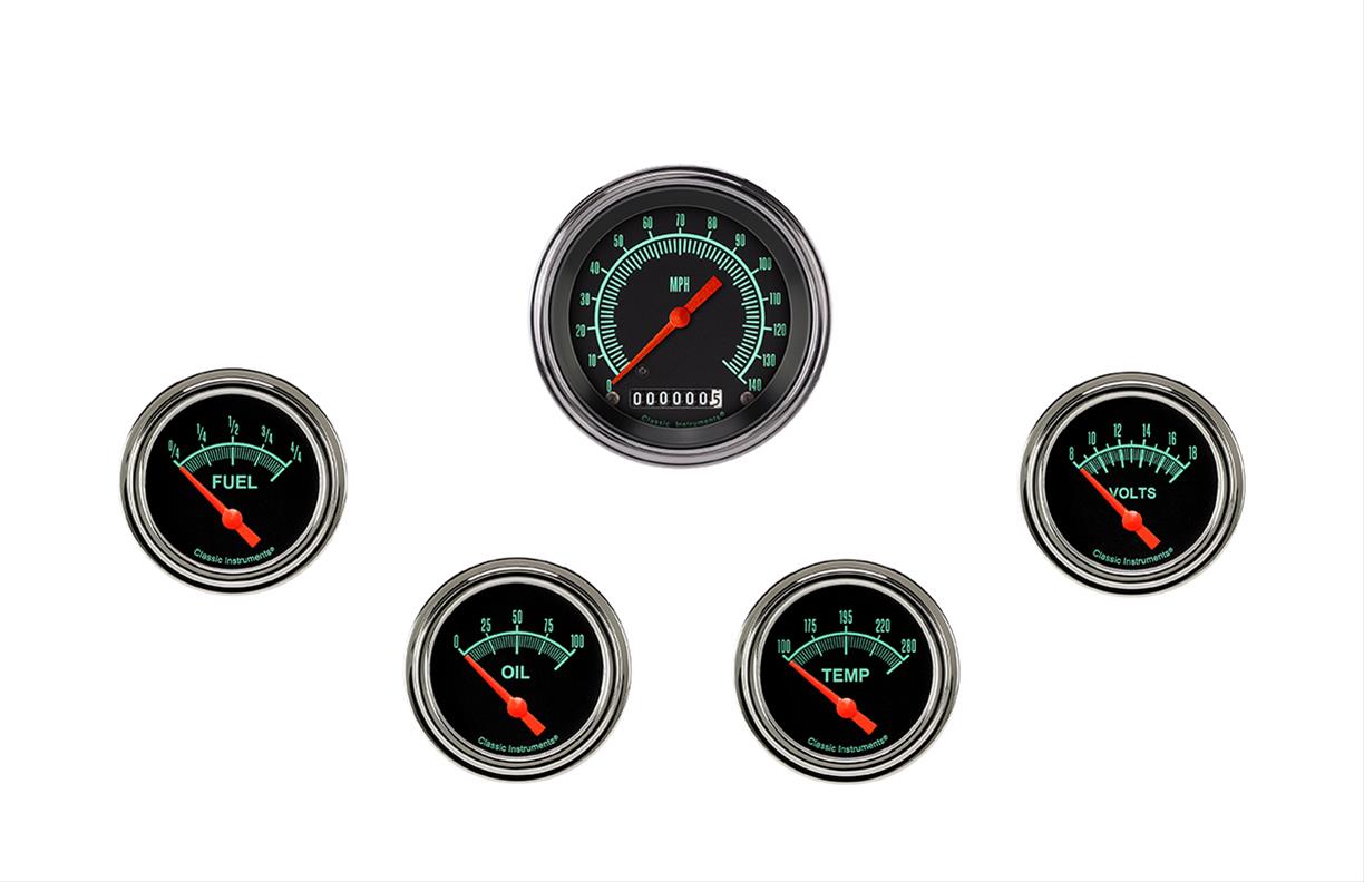 Classic Instruments G-Stock Series Gauge Sets GS200SLF Gauges, Series, Speedometer, Fuel Level, Oil Pressure, Water Temperature, Volt, Black Face, Analog, Set of 5