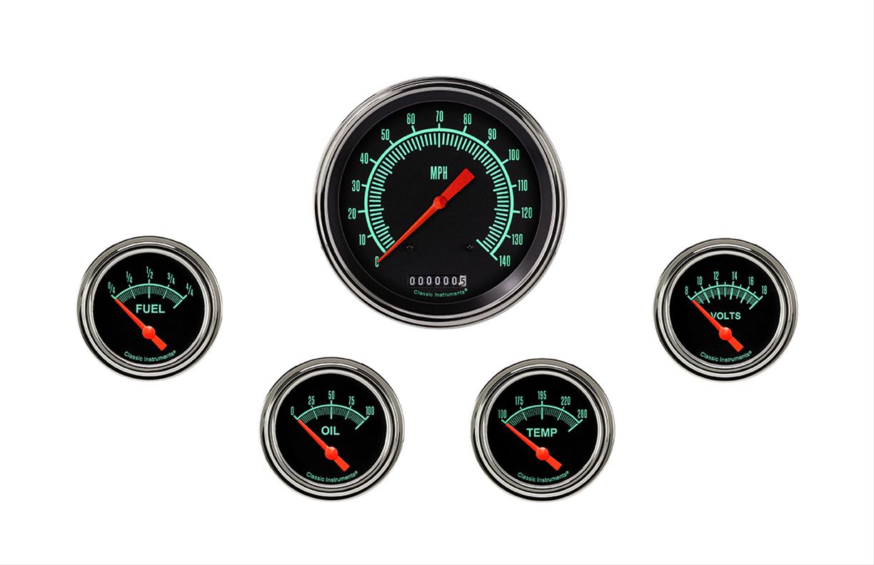 Classic Instruments G-Stock Series Gauge Sets GS254SLF Gauges, Series, Speedometer, Fuel Level, Oil Pressure, Water Temperature, Volt, Black Face, Analog, Set of 5