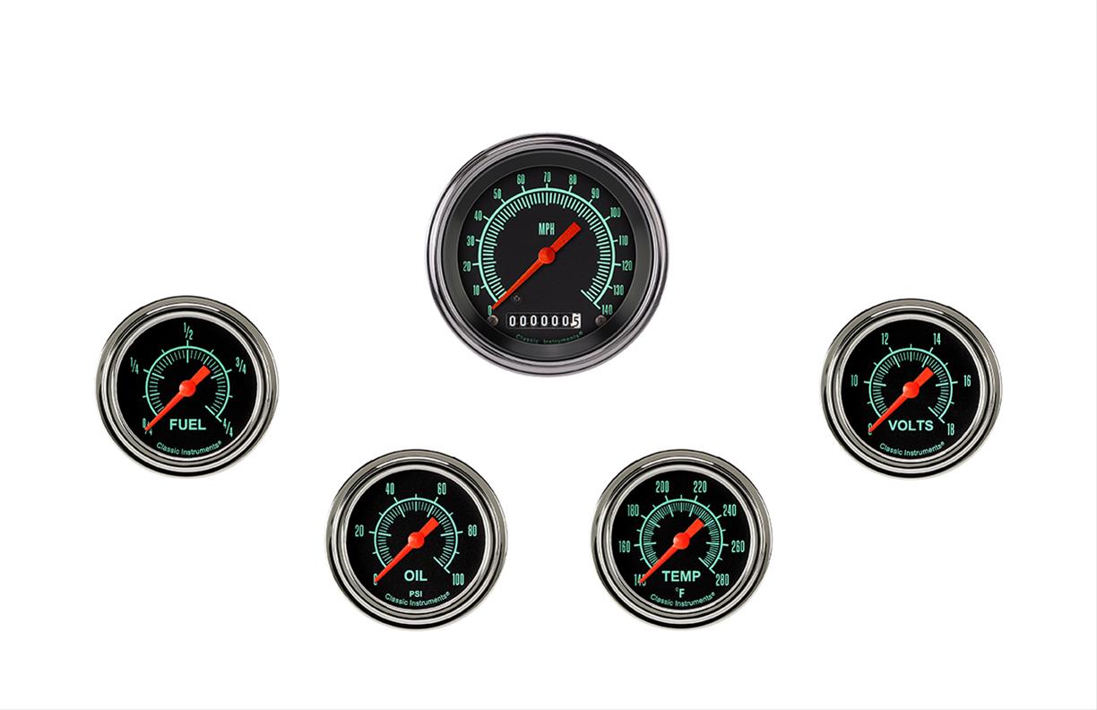 Classic Instruments G-Stock Series Gauge Sets GS300SLF Gauges, Series, Speedometer, Fuel Level, Oil Pressure, Water Temperature, Volt, Black Face, Analog, Set of 5