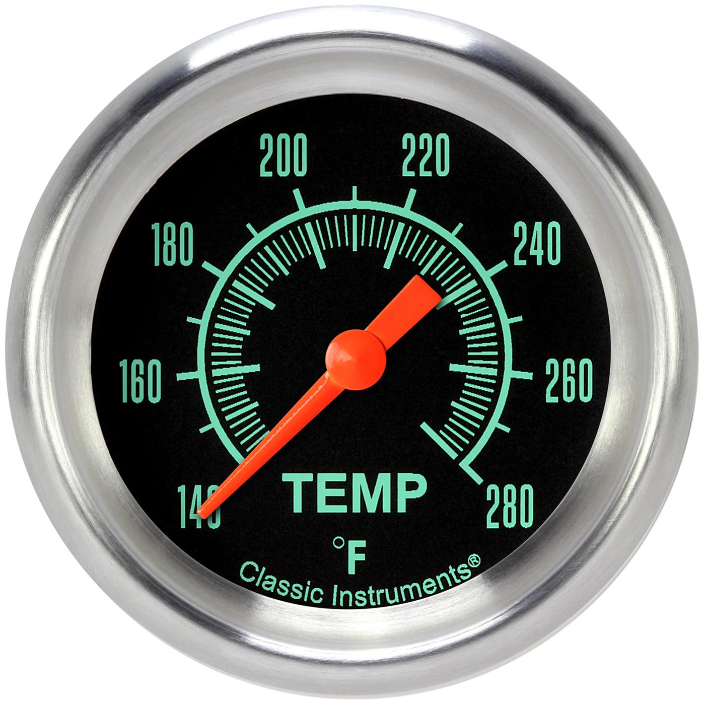 Classic Instruments G-Stock Series Gauges GS326APF-04 Gauges, Series, Water Temperature, 140-280 degrees F, Analog, Electrical, 2 5/8 in., Black Face, Green Numbers, 1/4 in. NPT Thread, Each