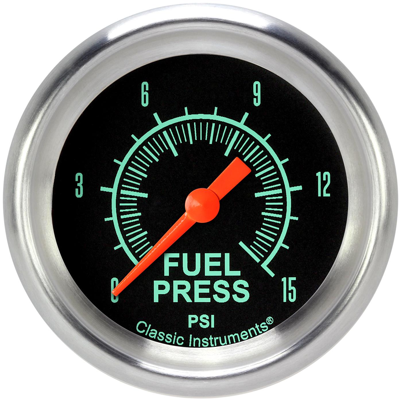 Classic Instruments G-Stock Series Gauges GS345APF Gauges, Series, Fuel Pressure, 0-15 psi, Analog, Electrical, 2 5/8 in., Black Face, Green Numbers, 1/8 in. NPT Thread, Each