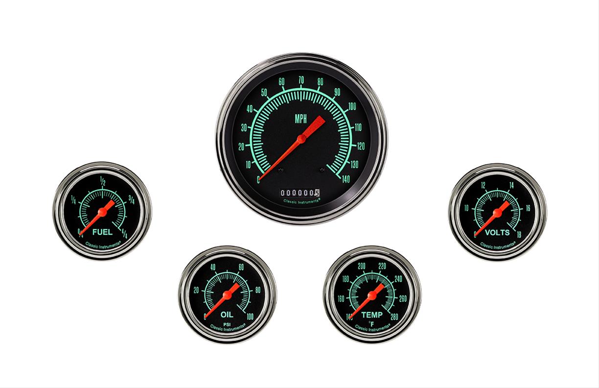 Classic Instruments G-Stock Series Gauge Sets GS354SLF Gauges, Series, Speedometer, Fuel Level, Oil Pressure, Water Temperature, Volt, Black Face, Analog, Set of 5