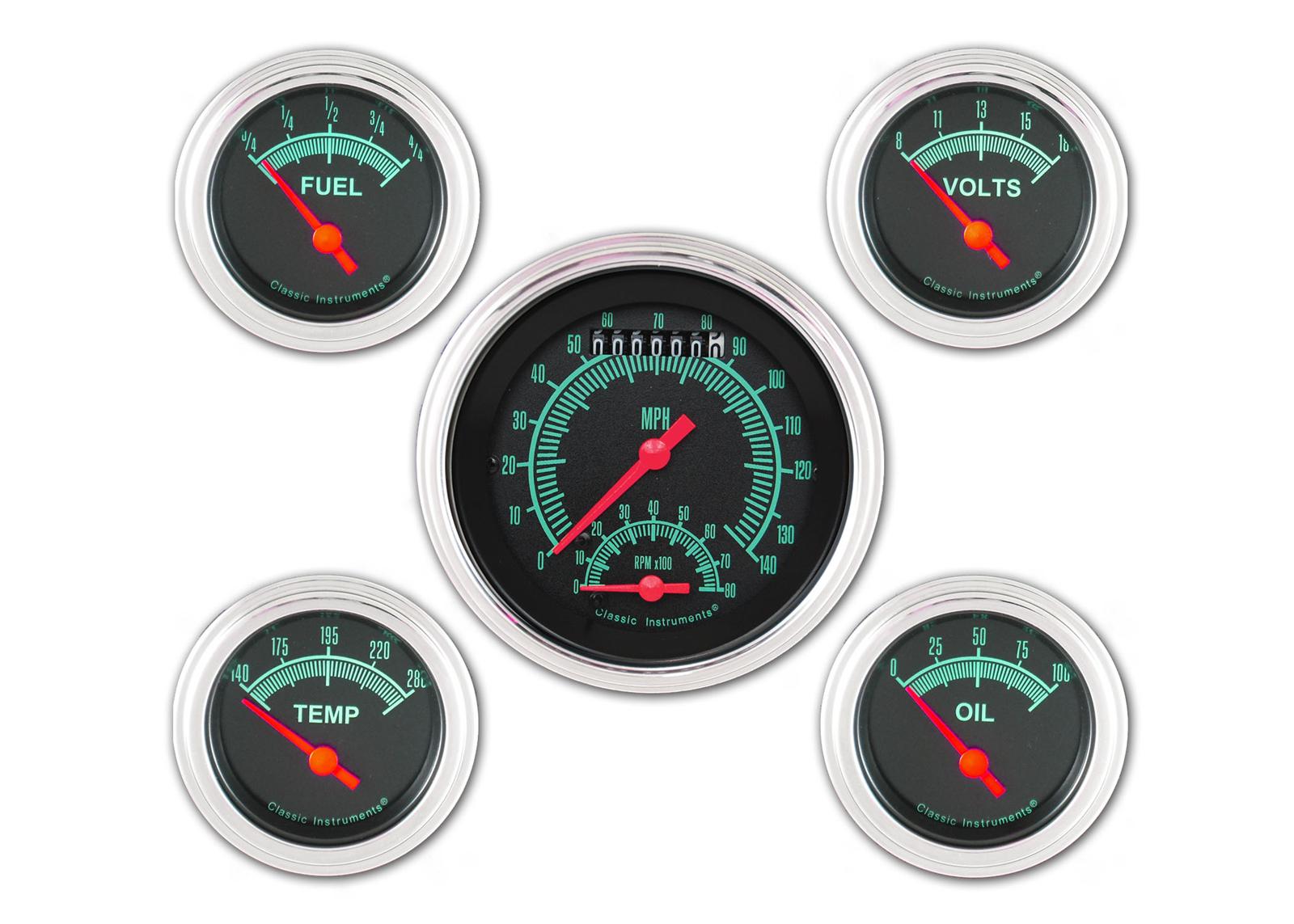 Classic Instruments G-Stock Series Gauge Sets GS35SLF Gauges, G-Stock, Speedometer, Tach, Water Temp., Oil Pressure, Fuel Level, Black Face, Analog, Set of 5