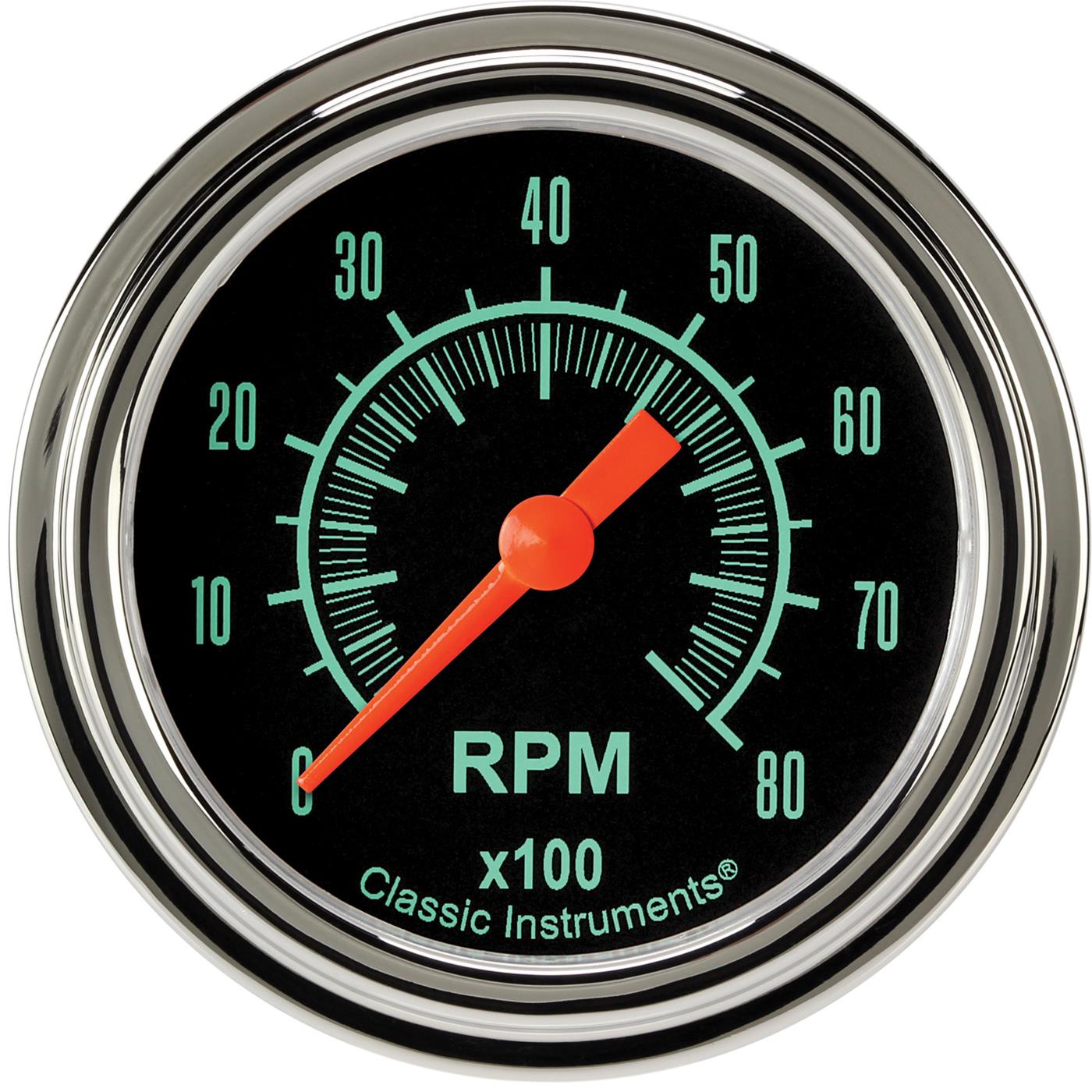 Classic Instruments G-Stock Series Tachometers GS383SLF Gauges, Tachometers, 0-8,000 rpm, Analog, Electrical, 2 5/8 in. Diameter, Black Face, Green Numbers, Polished Bezel, Each