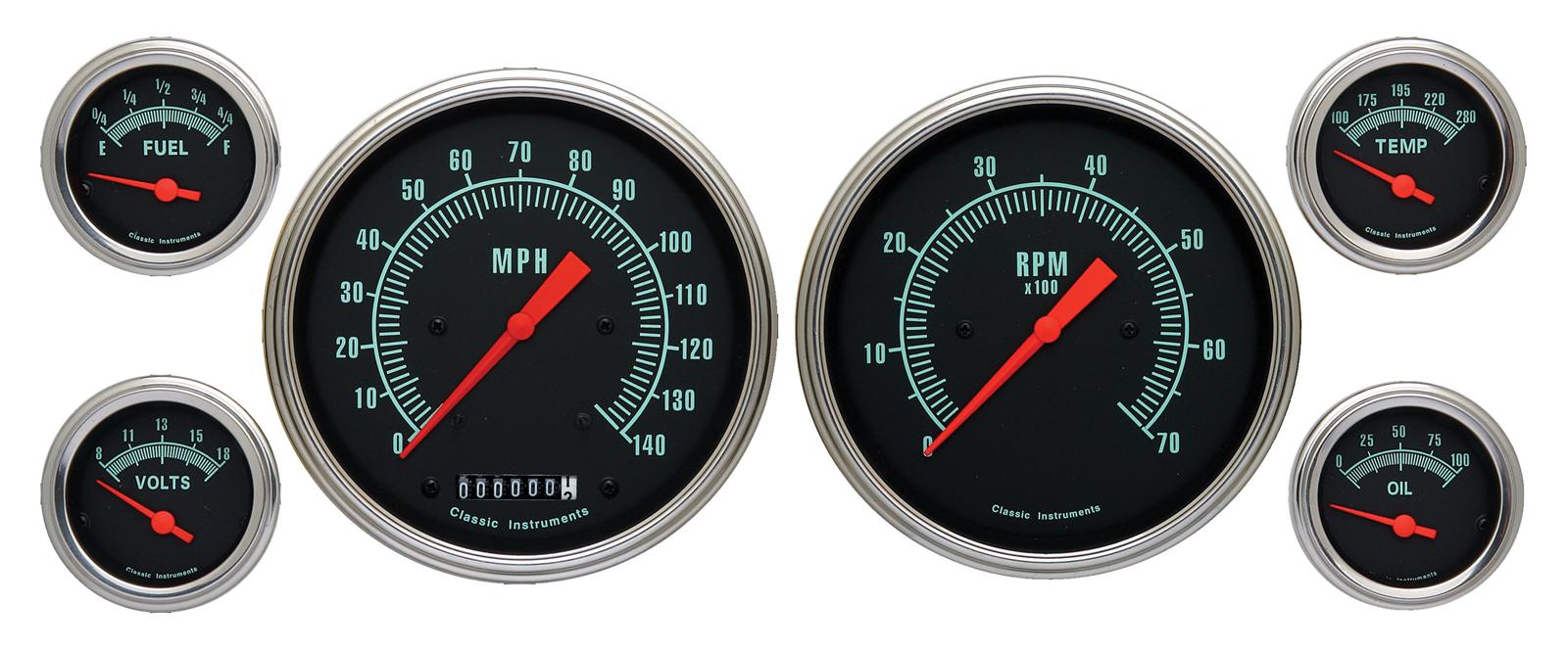 Classic Instruments G-Stock Series Gauge Sets GS51SLF Gauges, G-Stock, Speedometer, Tach, Water Temperature, Oil Pressure, Fuel Level, Black Face, Analog, Set of 6