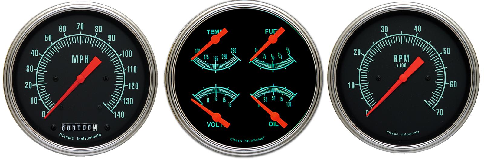 Classic Instruments G-Stock Series Gauge Sets GS53SLC Gauges, G-Stock, Speedometer, Tach, Water Temp., Oil Pressure, Fuel Level, 5 in., Black Face, Analog, Set of 3
