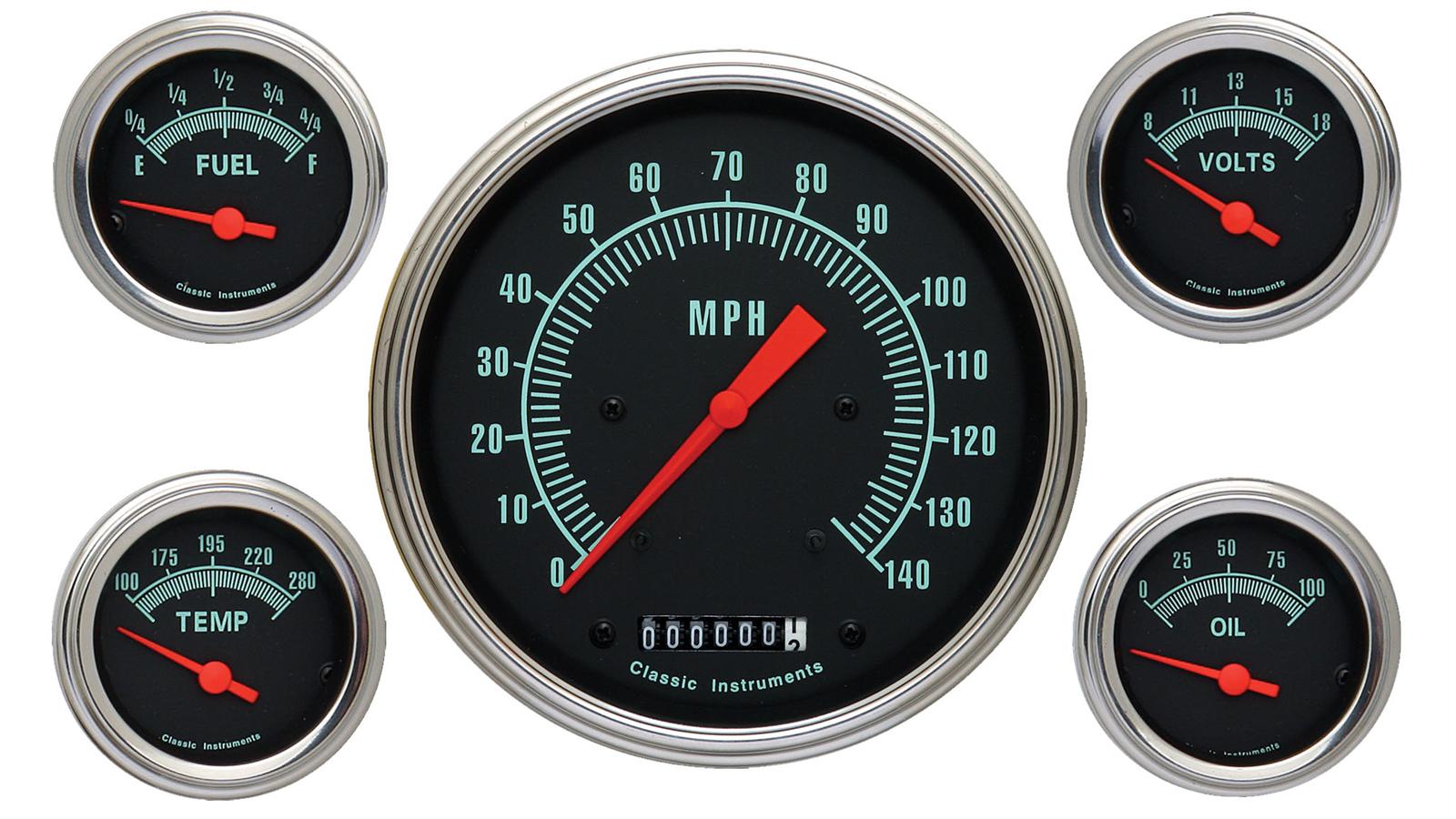 Classic Instruments G-Stock Series Gauge Sets GS54SLF Gauges, G-Stock, Speedometer, Water Temp., Oil Pressure, Fuel Level, Voltmeter, Black Face, Analog, Set of 5