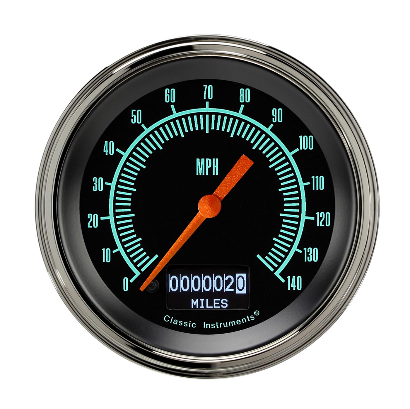 Classic Instruments G-Stock Series Speedometers GS55DSLF Gauges, Speedometers, 0-140 mph, 3 3/8 in. Diameter, Black Face, Green Numbers, Polished Bezel, Analog, Electrical, Each