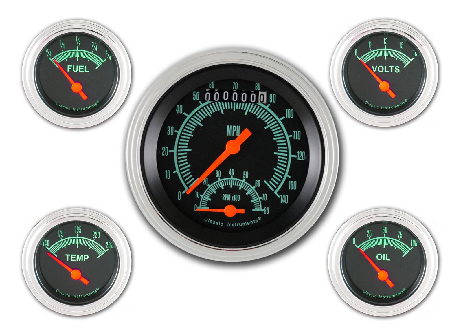Classic Instruments G-Stock Series Gauge Sets GS65SLC Gauges, G-Stock, Speedometer, Tach, Water Temperature, Oil Pressure, Fuel Level, Black Face, Analog, Set of 5
