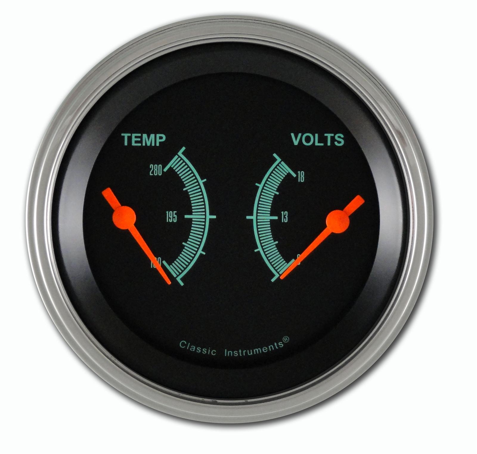 Classic Instruments G-Stock Series Gauge Sets GS74SLC Kits, Series, Dual Gauge, Analog, Water Temperature, Voltmeter, Black Face, Teal Numbers, Curved Glass, Electronic, Each