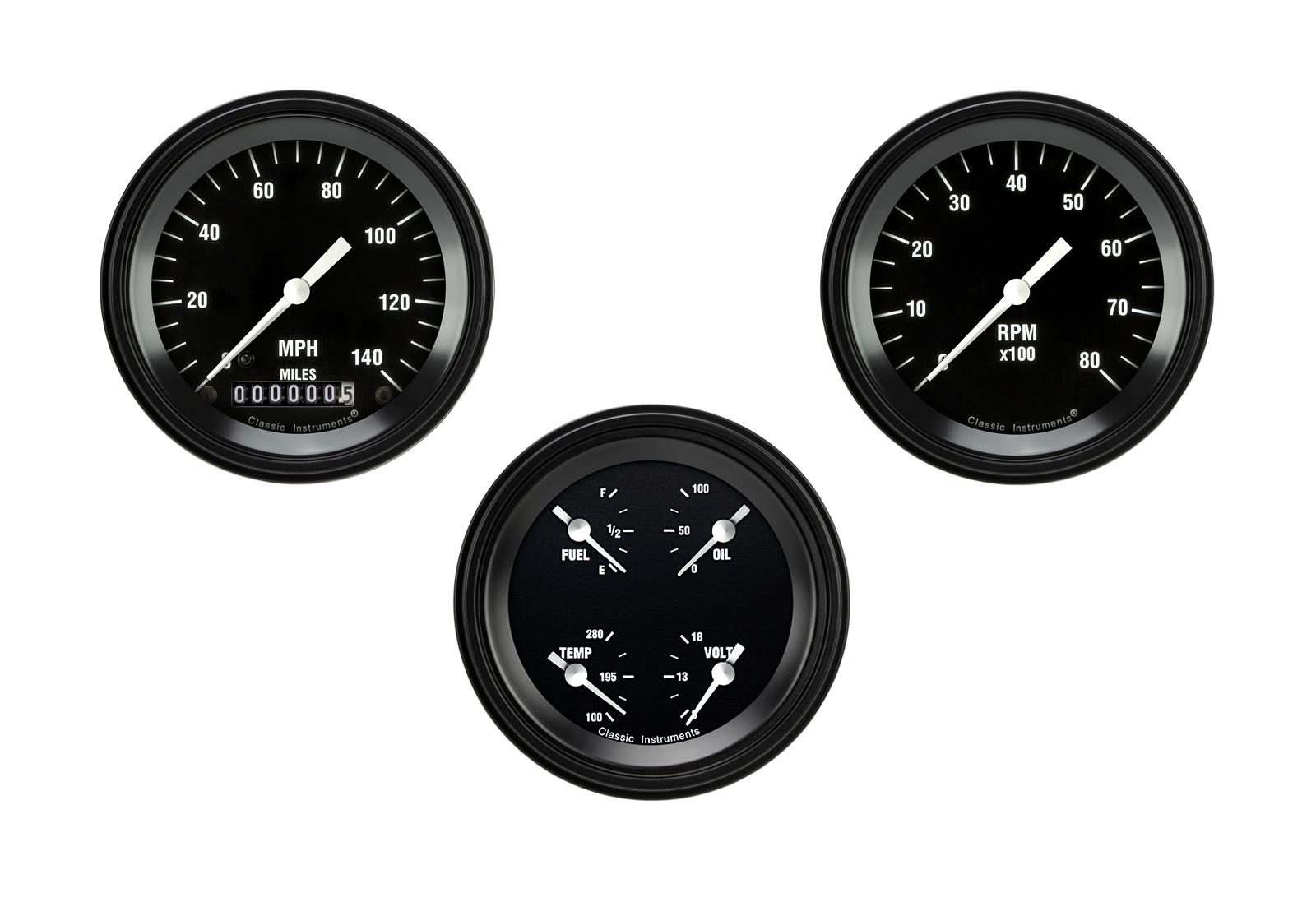 Classic Instruments Hot Rod Series Gauge Sets HR03BLF Gauges, Series, 3 3/8 in., Speedometer, Tachometer, Oil Pressure, Water Temperature, Voltmeter, Fuel Level, Kit