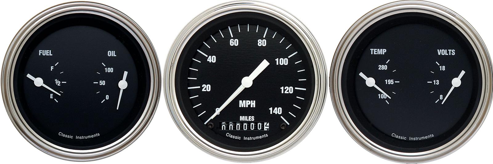 Classic Instruments Hot Rod Series Gauge Sets HR04SLC Gauges, Rod, Speedometer, Water Temperature, Fuel Level, 3 3/8 in., Black Face, Analog, Set of 3
