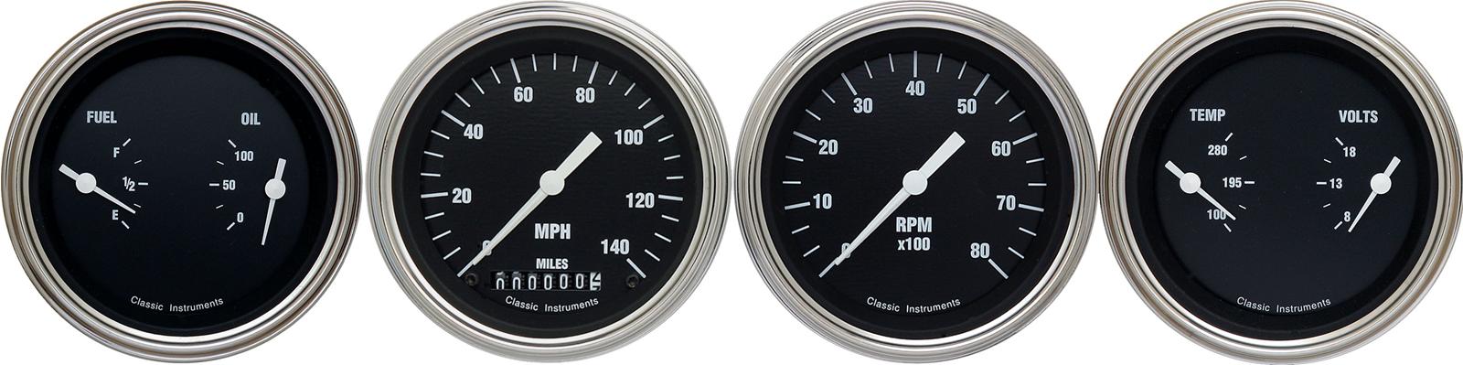 Classic Instruments Hot Rod Series Gauge Sets HR05SLC Gauges, Rod, Speedometer, Tach, Water Temperature, Fuel Level, 3 3/8 in., Black Face, Analog, Set of 4